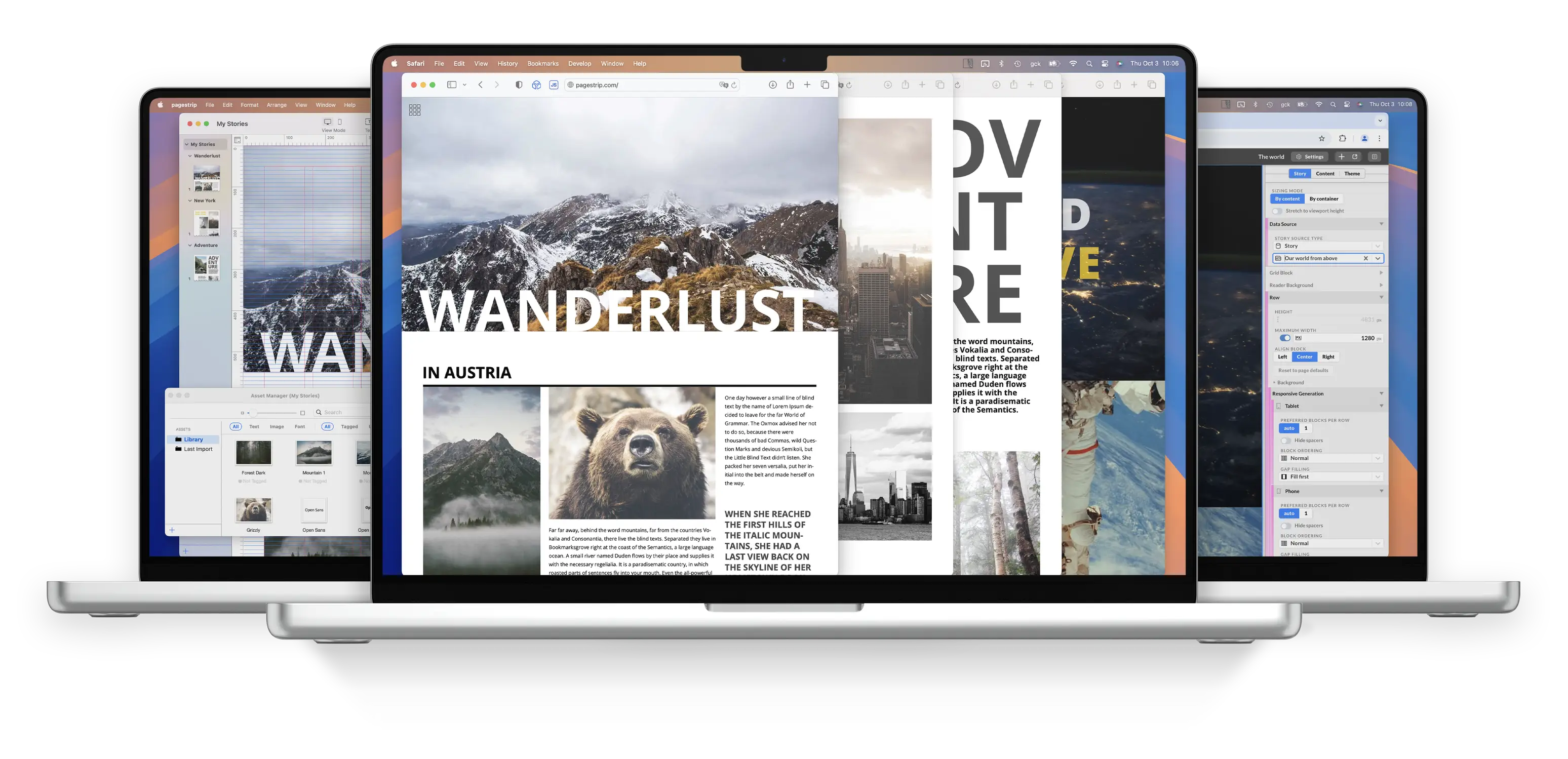 Three Macbooks next to each other, showing various pagestrip tools in fullscreen mode.